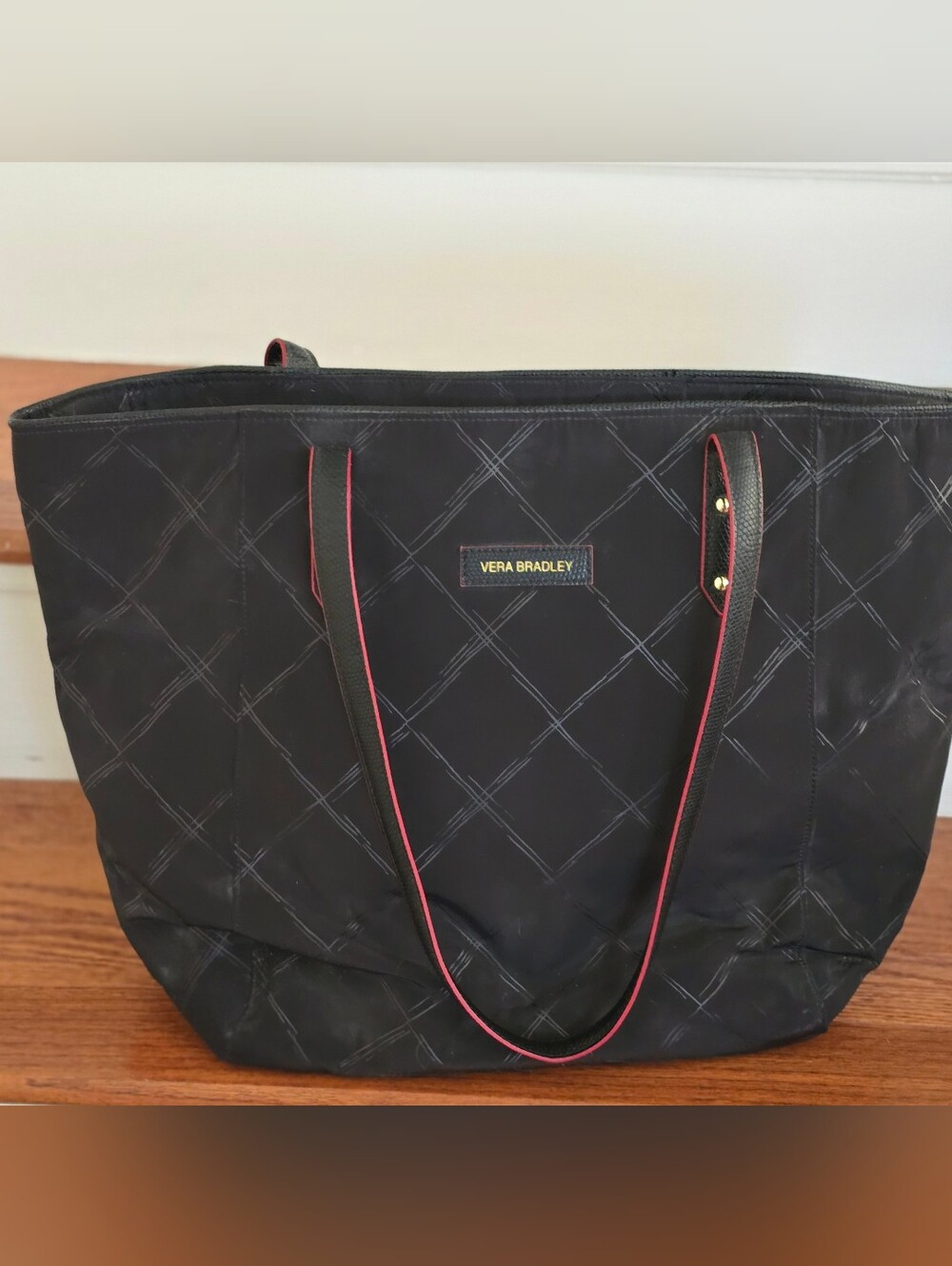 Vera Bradley Preppy Poly Ella Tote Bag – Black with Rose Red Trim